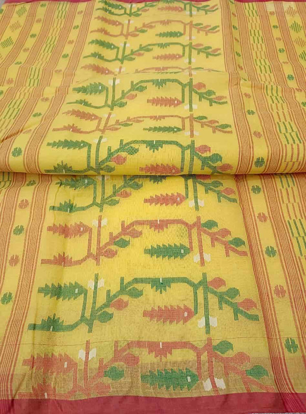 Yellow & Multi Colour starched Cotton traditional design handwoven Jamdani saree Balaram Saha