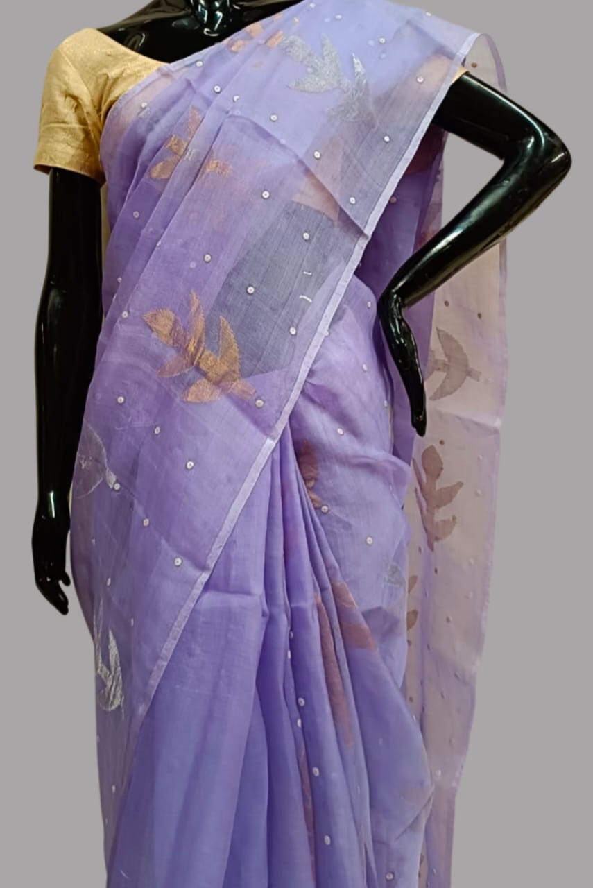 Lilac Muslin Silk Jamdani Saree with all over Leaves in Gold & Silver zari Balaram Saha
