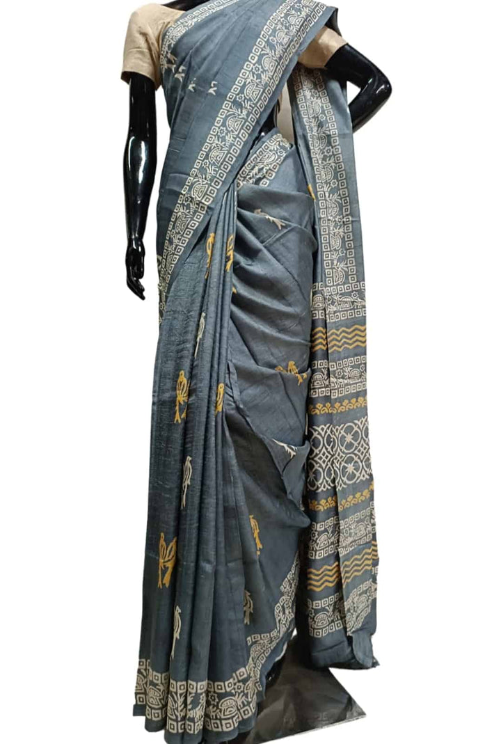 Grey & Yellow/White, Tussar silk saree Balaram Saha