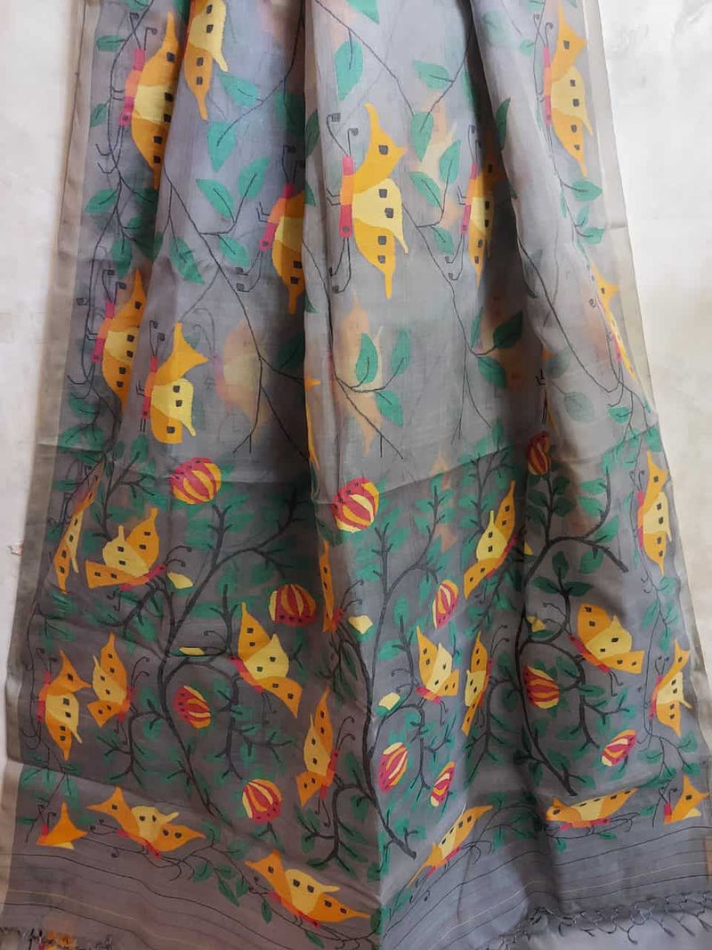 Grey muslin saree with bright yellow/red butterflies woven Balaram Saha