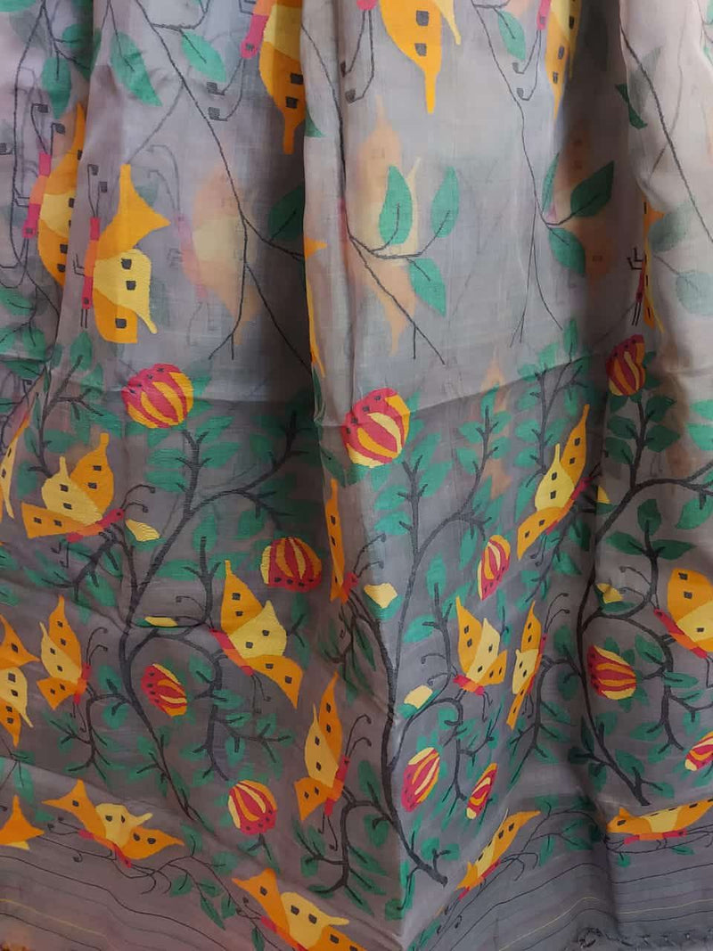Grey muslin saree with bright yellow/red butterflies woven Balaram Saha