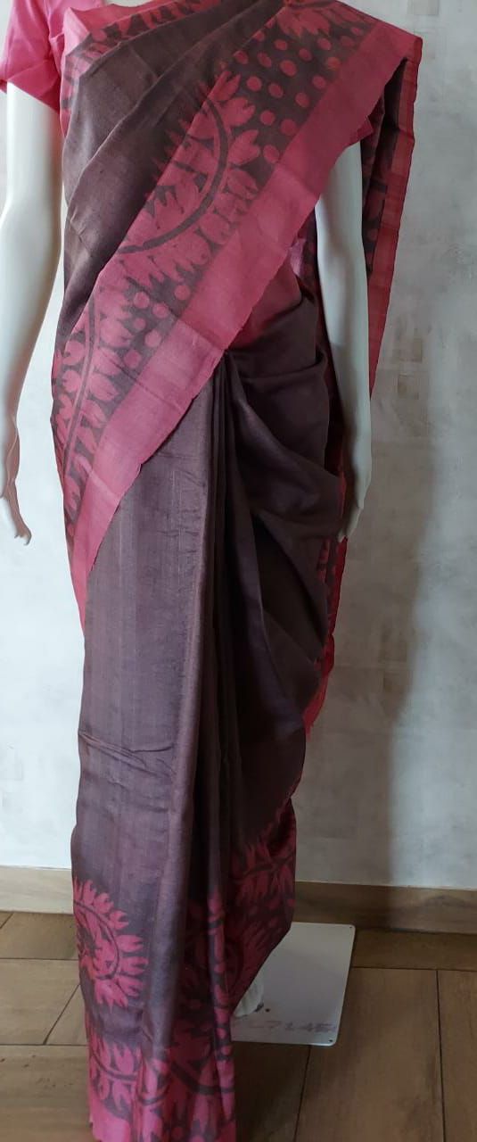 Grey & Blush Pink, fine quality Tussar Silk handblock print saree Balaram Saha