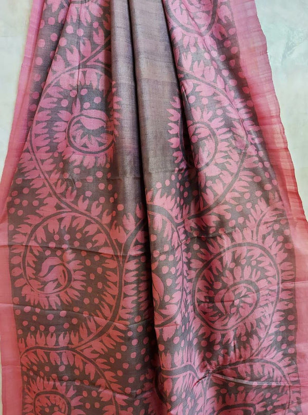 Grey & Blush Pink, fine quality Tussar Silk handblock print saree Balaram Saha