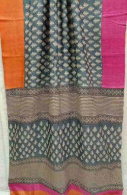Grey soft Tussar Silk printed saree with ganga jamuna Balaram Saha