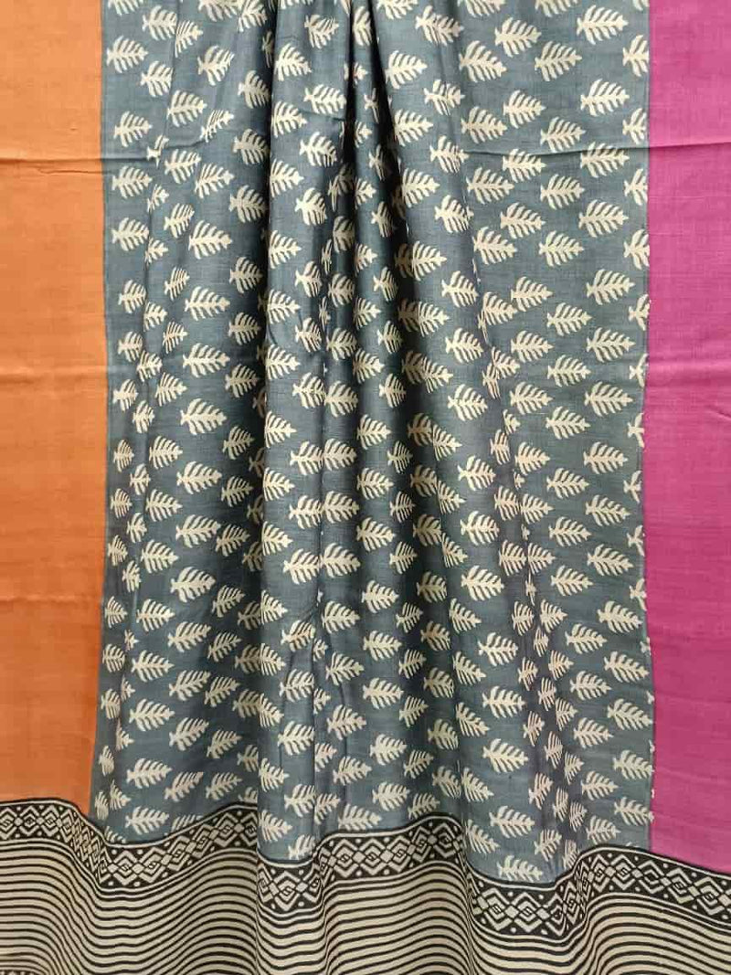 Grey soft Tussar Silk printed saree with ganga jamuna Balaram Saha