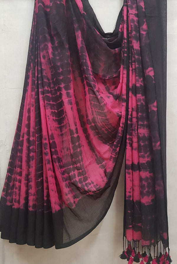 Black & Magenta Super Soft Handloom Mull Cotton Shibori Saree Balaram Saha
