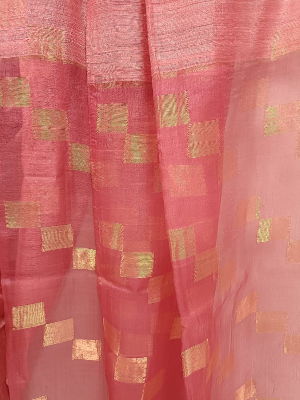 Blush Pink Matka Silk with gold zari squares woven on border Balaram Saha