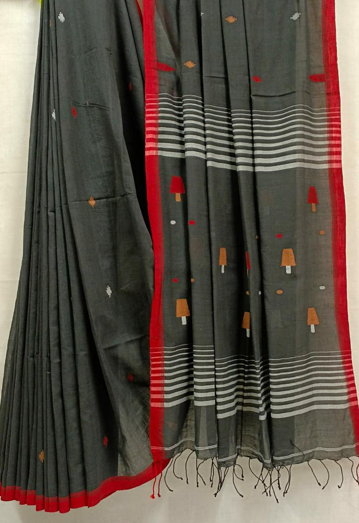 Cotton Khadi Handwoven Saree by Balaram Saha – Black & Red Elegance