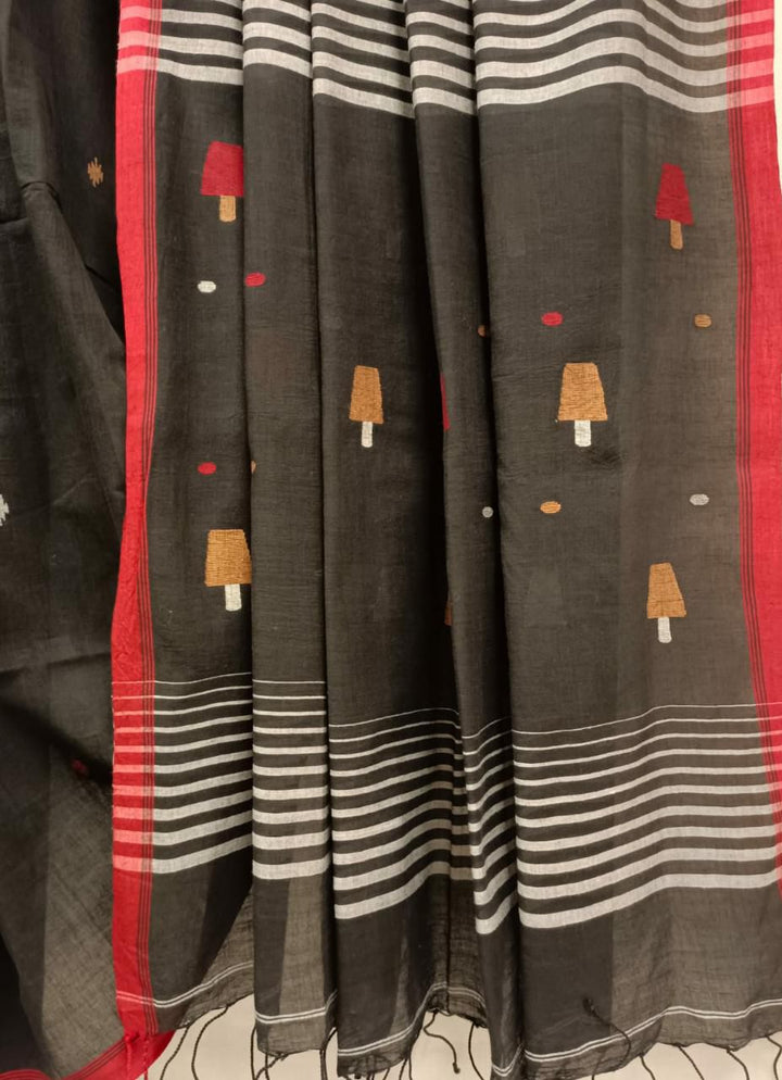 Cotton Khadi Handwoven Saree by Balaram Saha – Black & Red Elegance