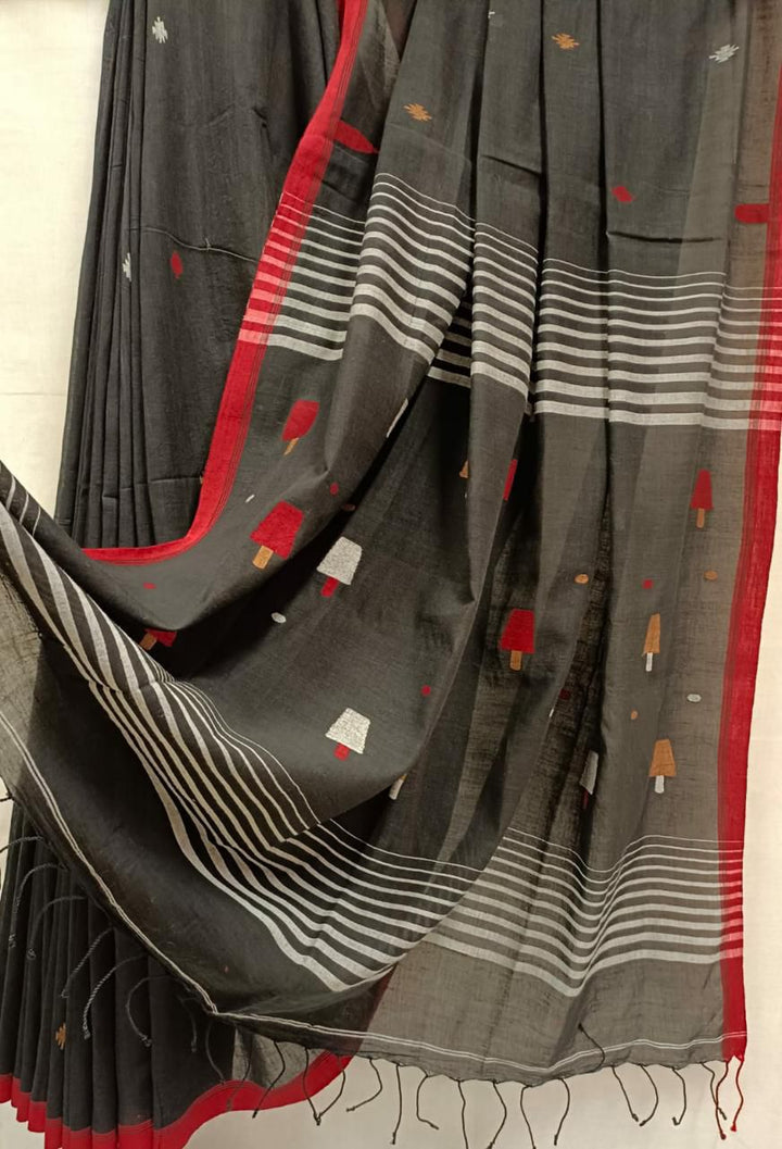 Cotton Khadi Handwoven Saree by Balaram Saha – Black & Red Elegance