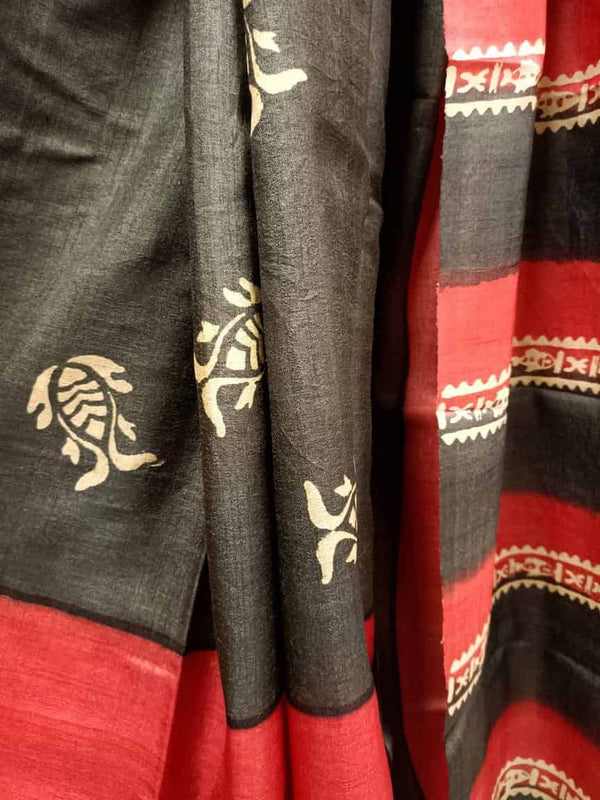 Black & Red soft Tussar silk saree with hand block fish print Balaram Saha
