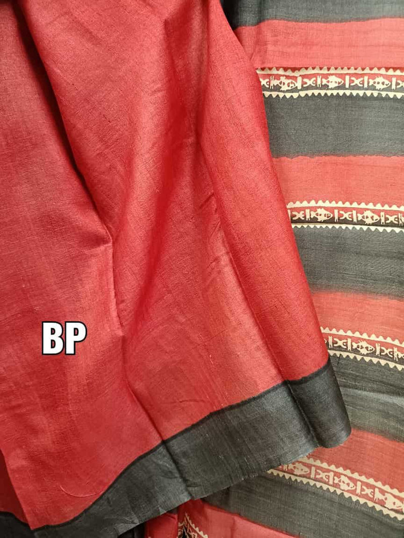Black & Red soft Tussar silk saree with hand block fish print Balaram Saha