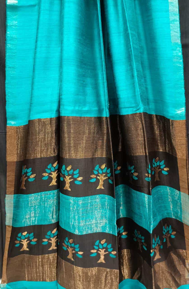 Aqua Blue & Black Matka silk saree with Jamdani tree Balaram Saha