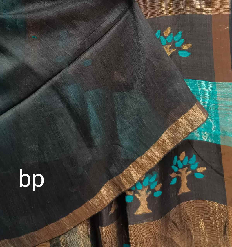 Aqua Blue & Black Matka silk saree with Jamdani tree Balaram Saha