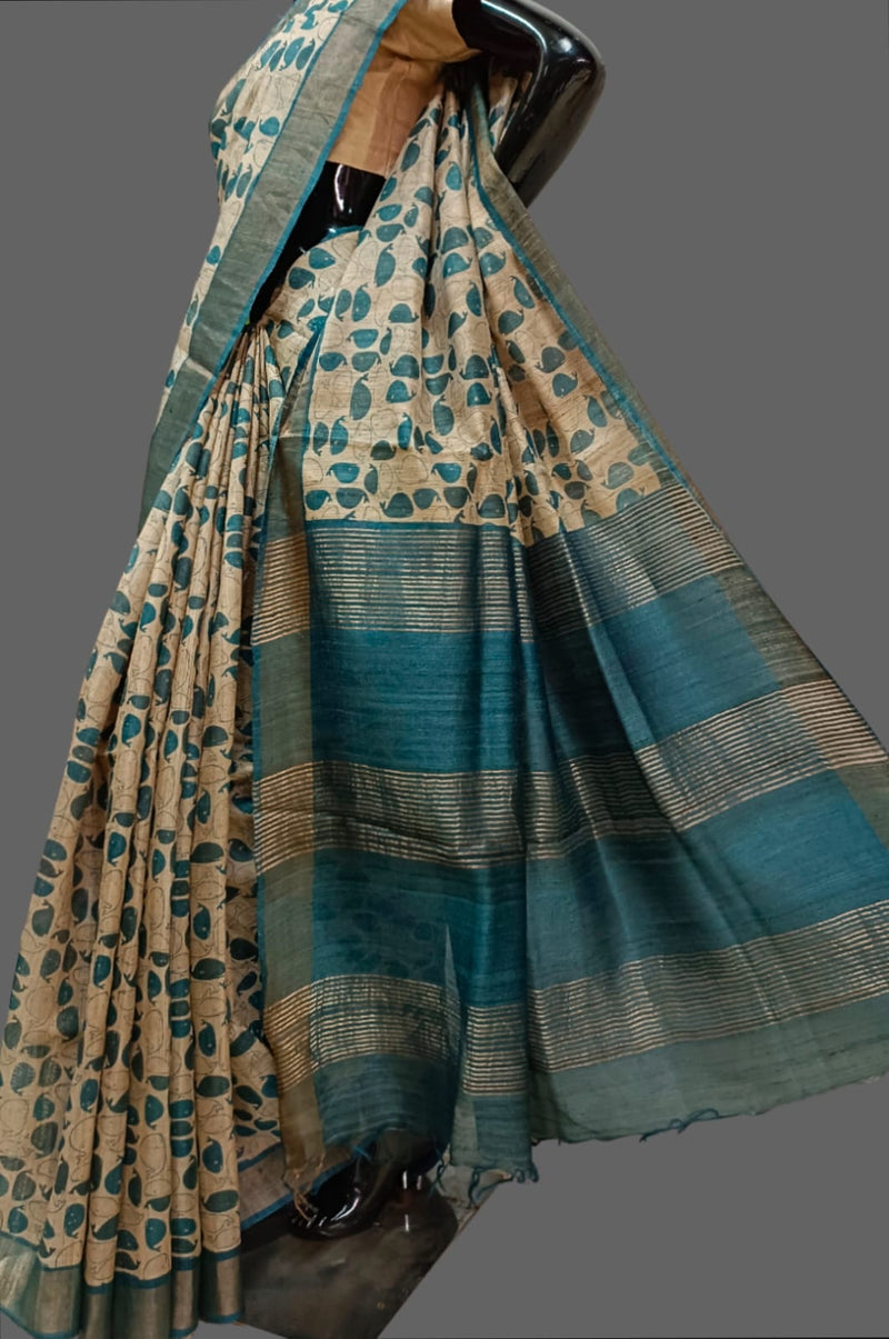 Natural shade & Blue pure Tussar silk saree Balaram Saha