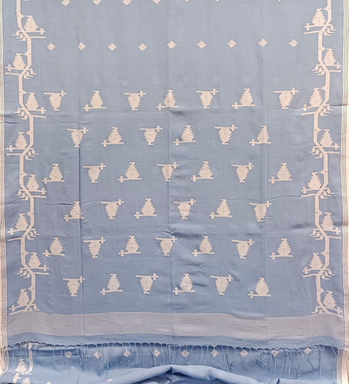 Handspun & Handwoven, sky blue & white, soft cotton Jamdani Saree Balaram Saha