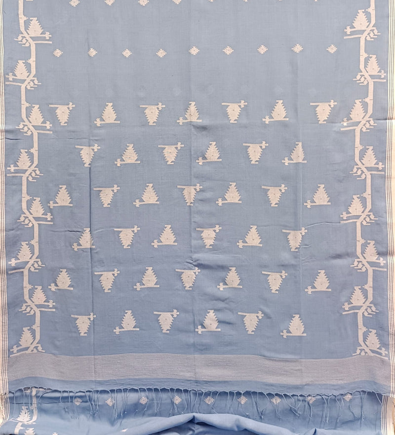 Handspun & Handwoven, sky blue & white, soft cotton Jamdani Saree Balaram Saha