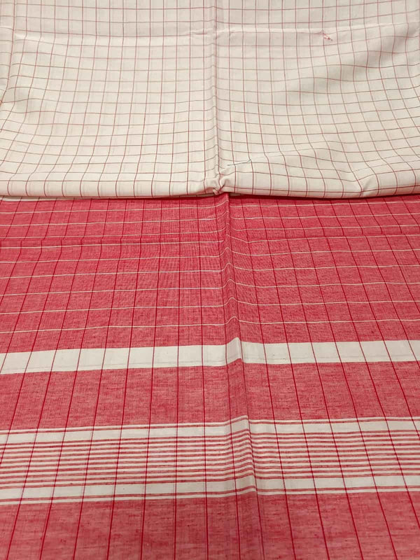 White & Red, soft Handloom Cotton saree with checks woven in red all over body, jamdani design woven red border with red contrast Aanchal, blouse piece.