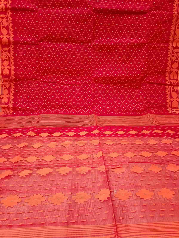 Red & Orange, Cotton handwoven Jamdani saree Balaram Saha