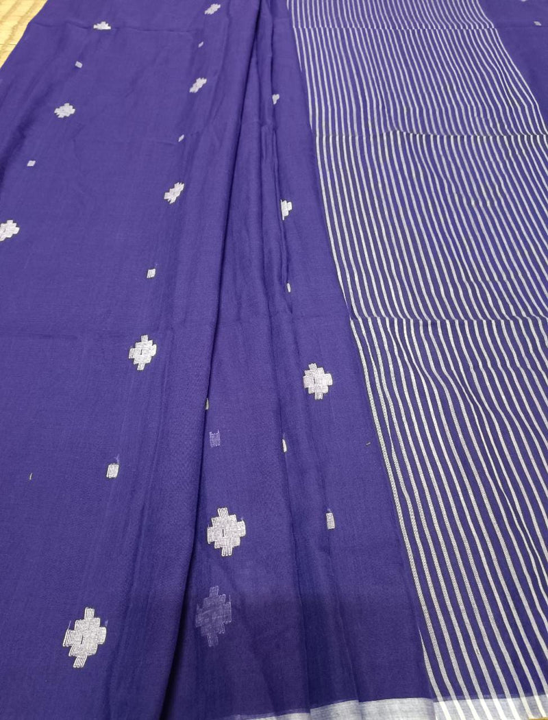 Blue Handloom Super Soft Cotton Saree With White Border and  Dhakai Woven Bootis on Body and Stripes Aanchal, No Blouse.