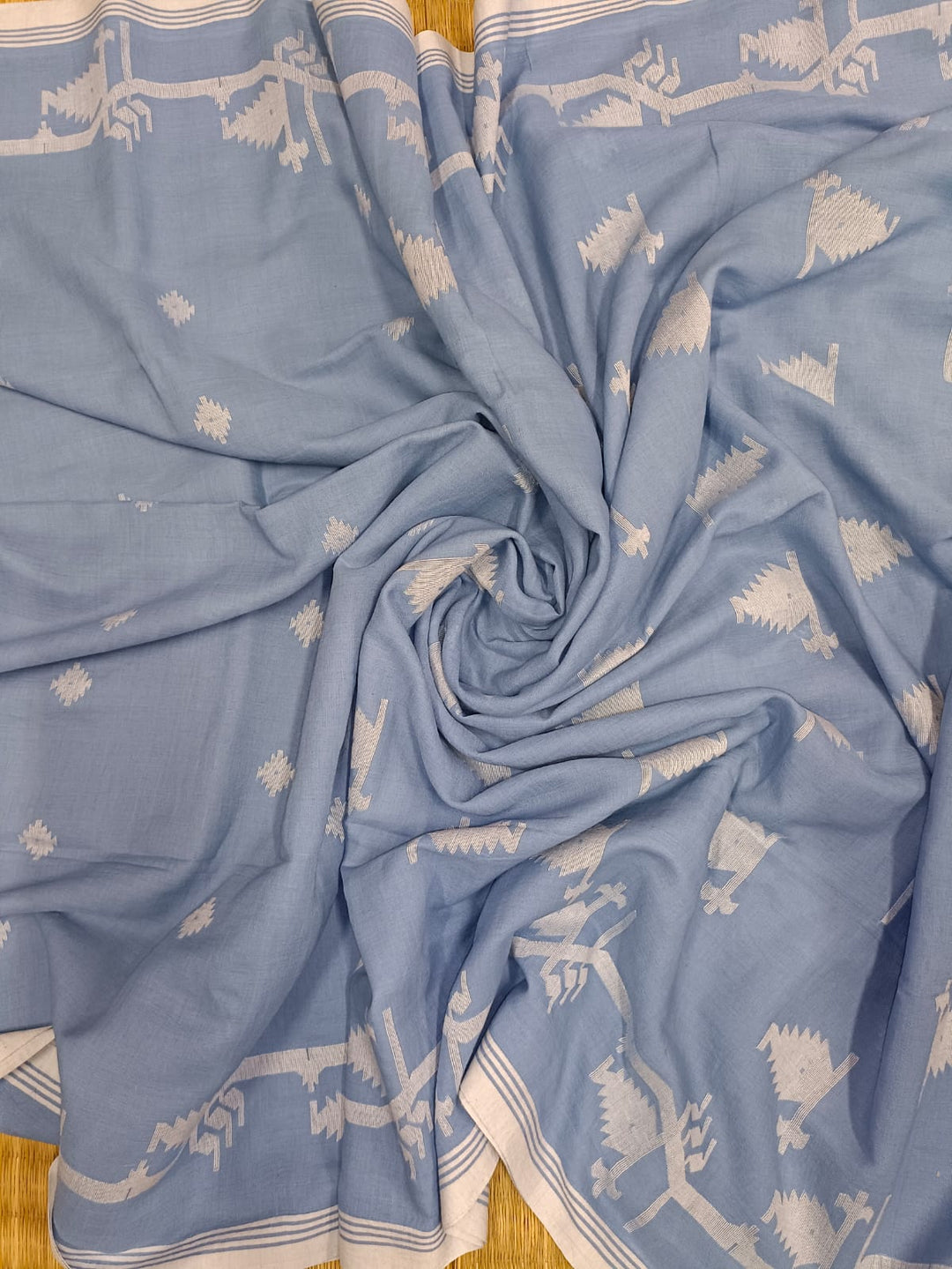 Handspun & Handwoven, sky blue & white, soft cotton Jamdani Saree Balaram Saha