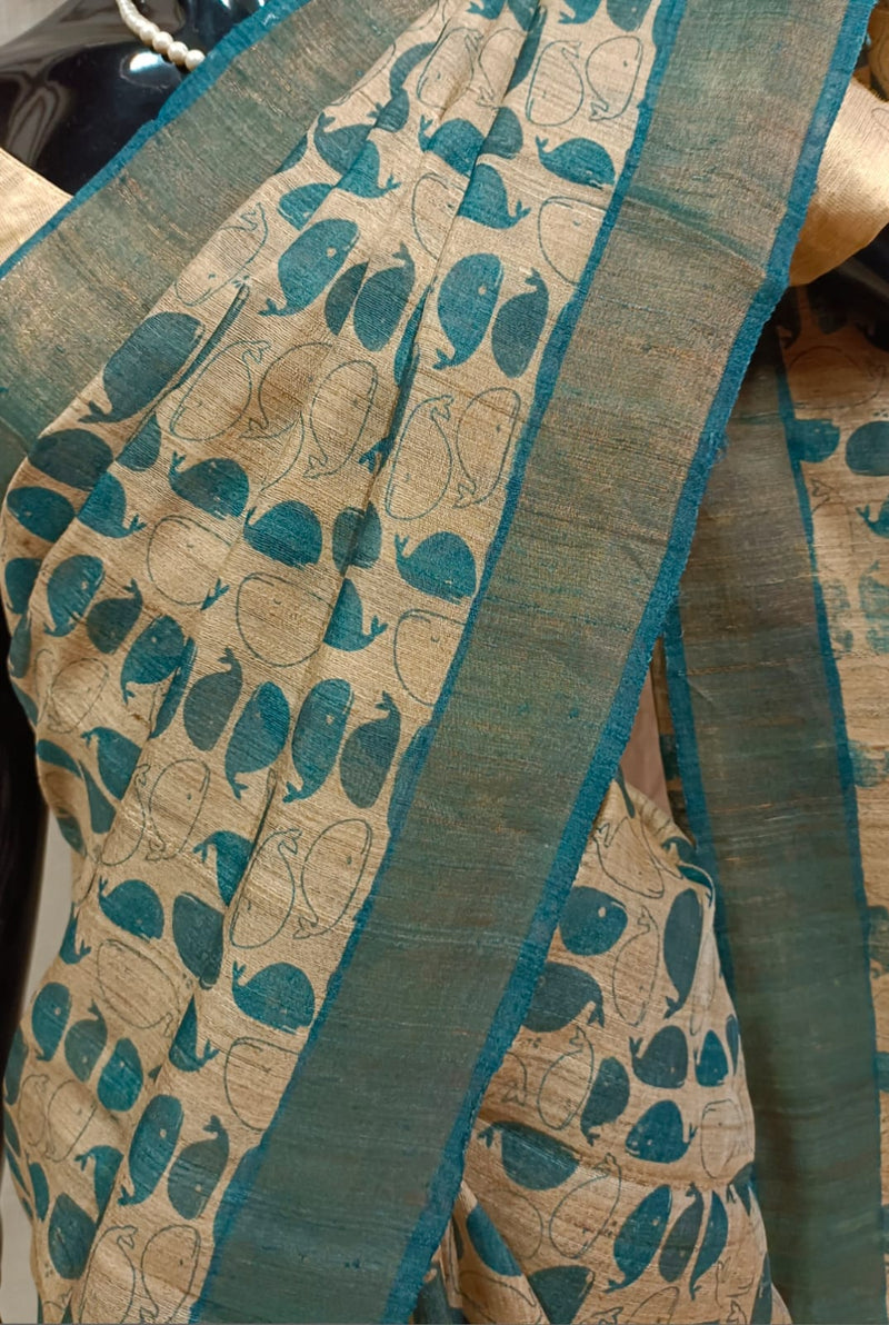 Natural shade & Blue pure Tussar silk saree Balaram Saha