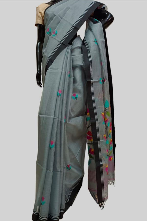 Grey & Black  Handloom Muslin Silk Jamdani Saree Balaram Saha