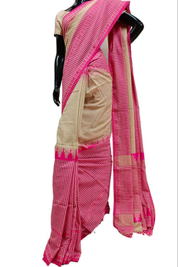 Beige & Pink Handloom Cotton Saree Balaram Saha