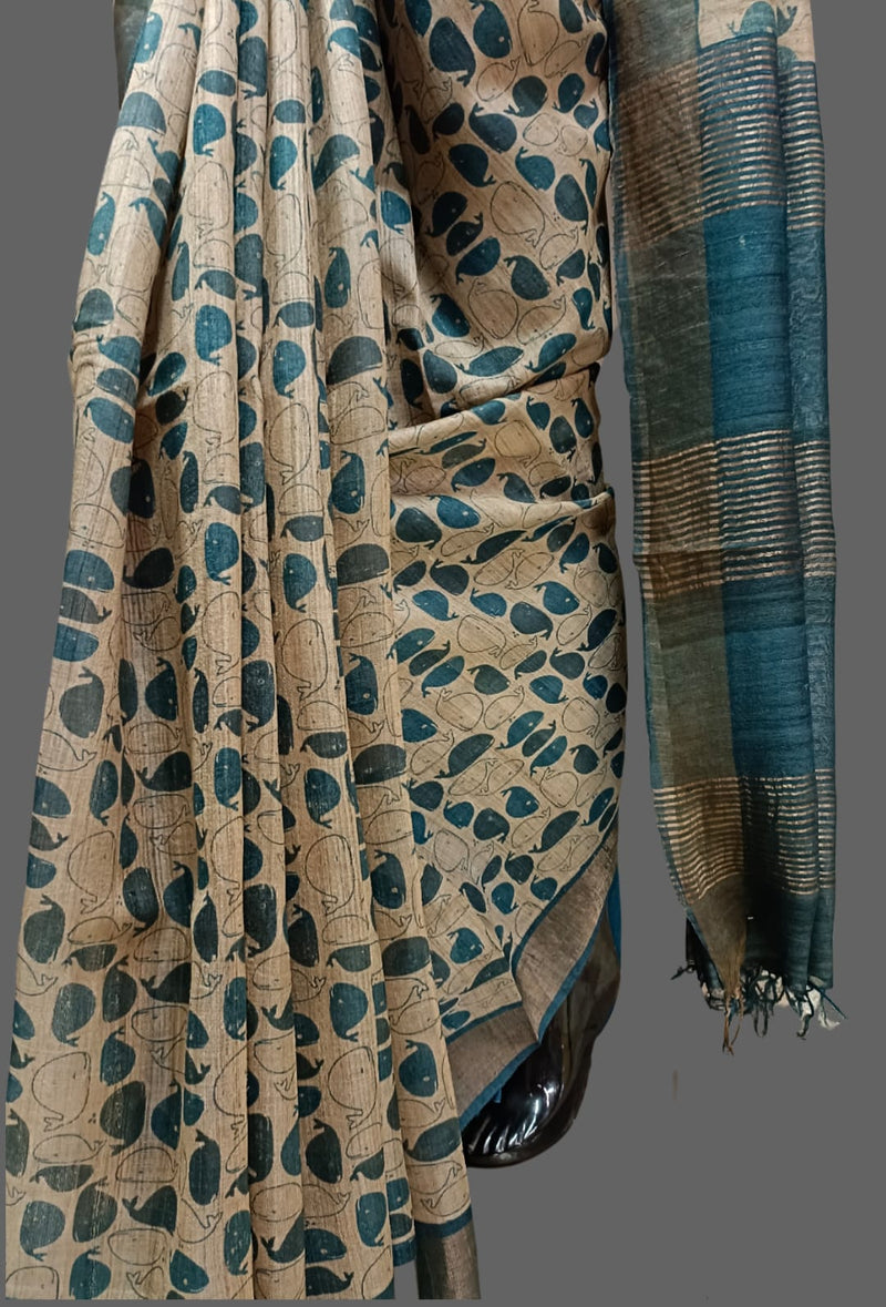 Natural shade & Blue pure Tussar silk saree Balaram Saha