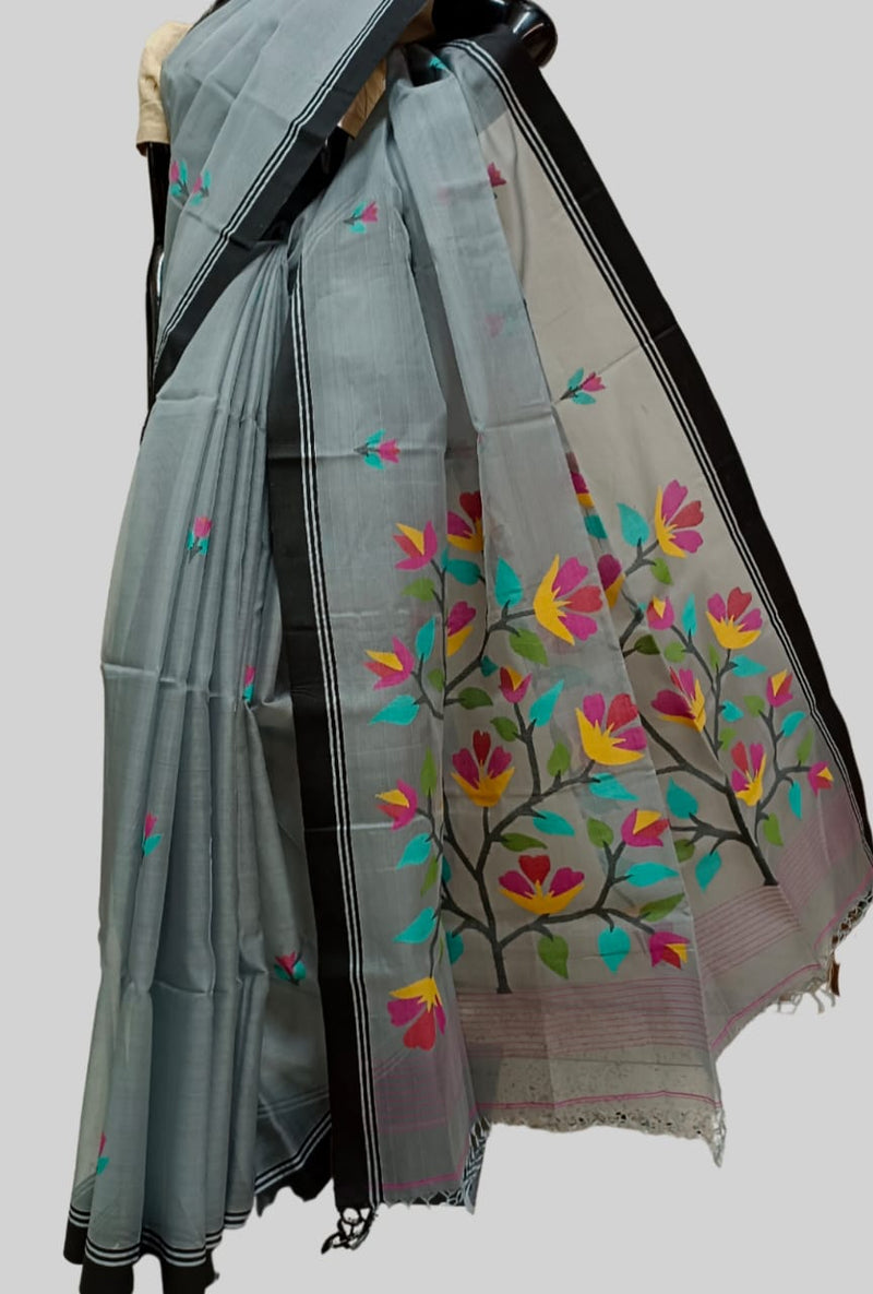 Grey & Black  Handloom Muslin Silk Jamdani Saree Balaram Saha