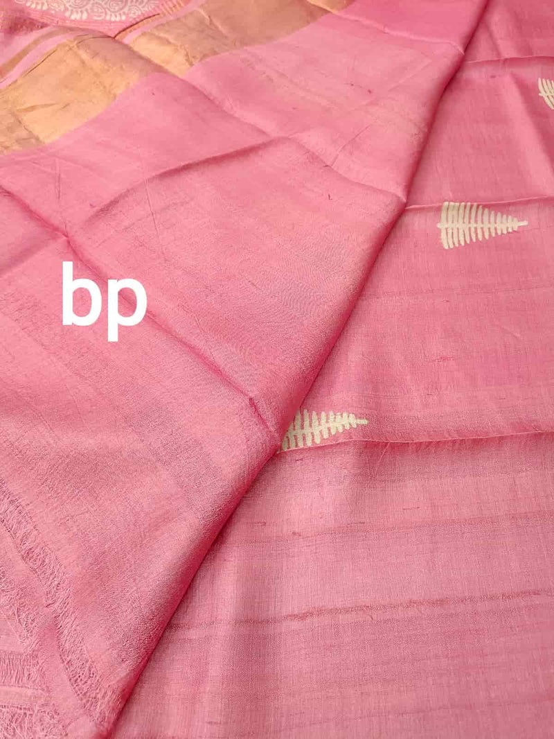 Pink Soft Tussar saree with gold tissue woven border Balaram Saha