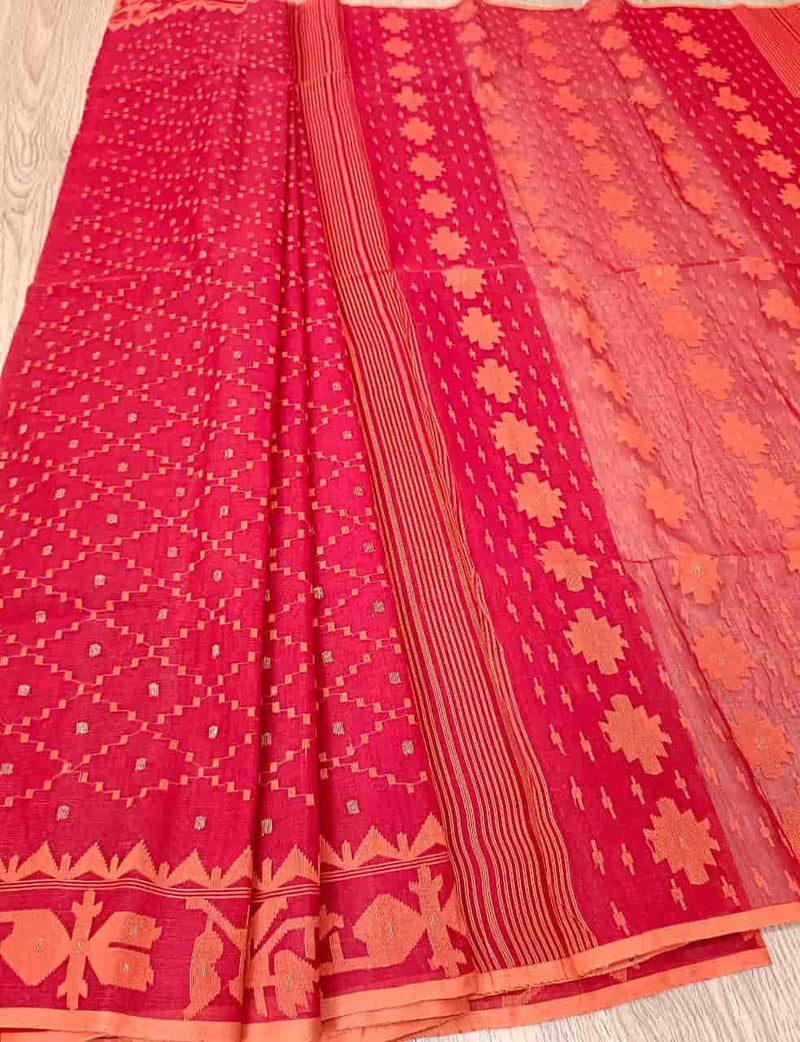 Red & Orange, Cotton handwoven Jamdani saree Balaram Saha