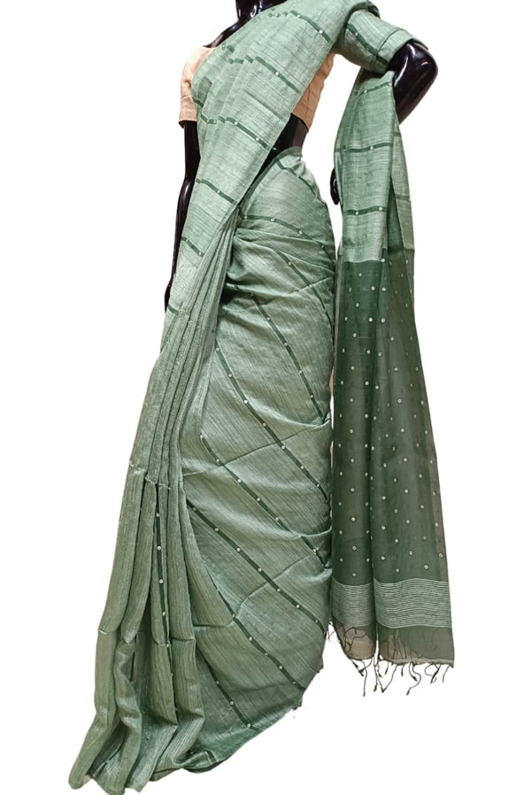 Green Matka Muslin Silk saree with sequin handwoven Balaram Saha