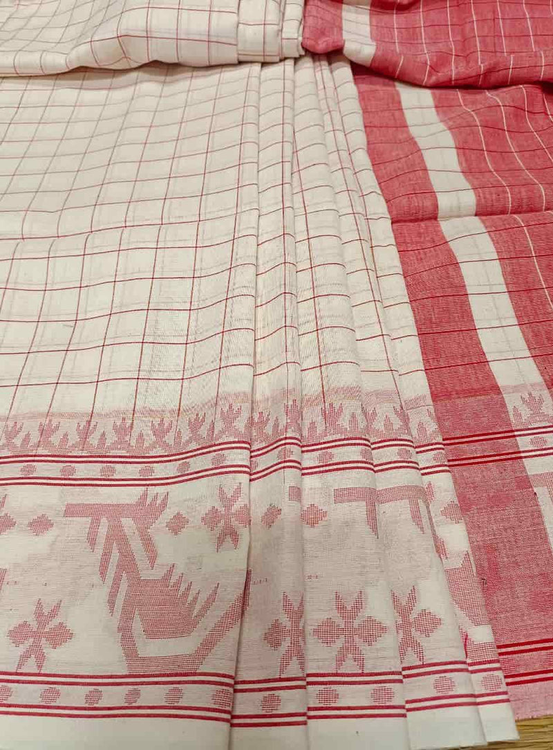 White & Red, soft Handloom Cotton saree with checks woven in red all over body, jamdani design woven red border with red contrast Aanchal, blouse piece.
