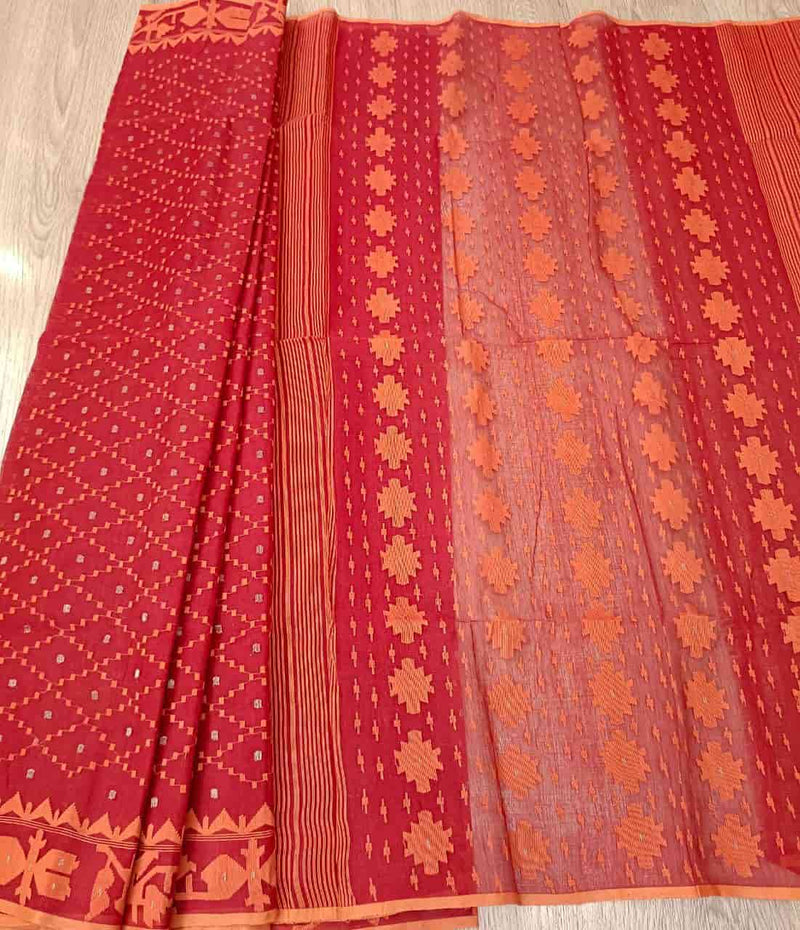 Red & Orange, Cotton handwoven Jamdani saree Balaram Saha