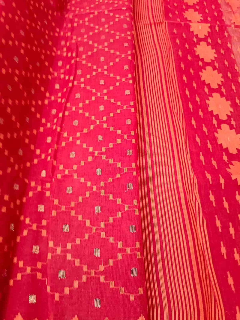 Red & Orange, Cotton handwoven Jamdani saree Balaram Saha