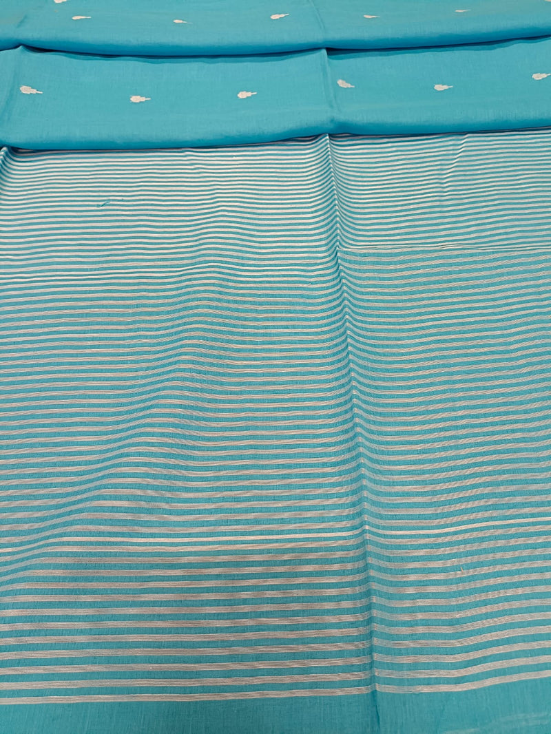 Sky Blue Handloom Super Soft Cotton Saree With White Border and  Dhakai Woven Bootis on Body and Stripes Aanchal, No Blouse.