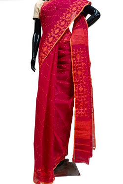 Maroon & Orange cotton handwoven Bangladeshi Jamdani saree Balaram Saha