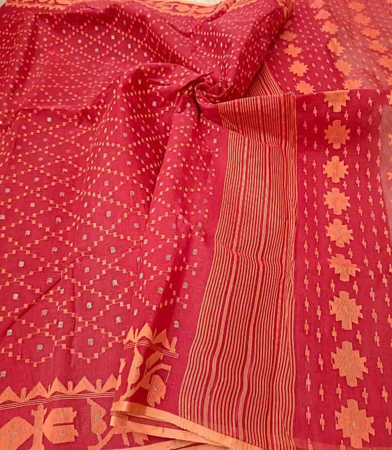 Red & Orange, Cotton handwoven Jamdani saree Balaram Saha