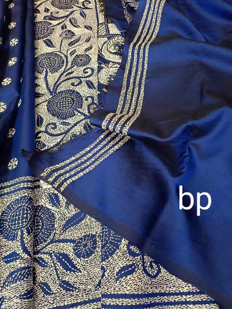 Royal Blue & White, pure silk kantha saree with floral design Balaram Saha