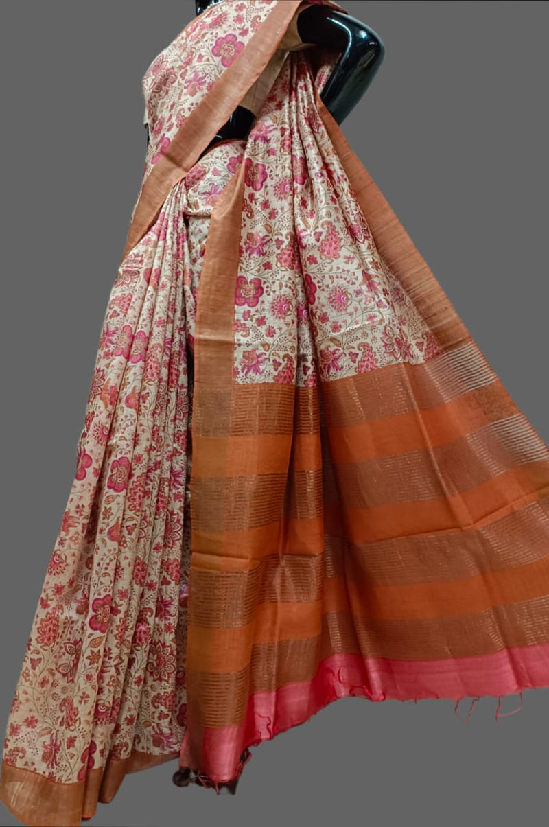 Natural shade & Orange pure Tussar silk saree Balaram Saha