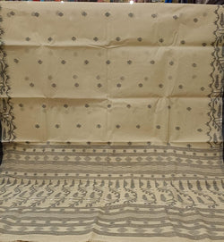 Beige & Black starched Cotton traditional design handwoven Jamdani saree Balaram Saha