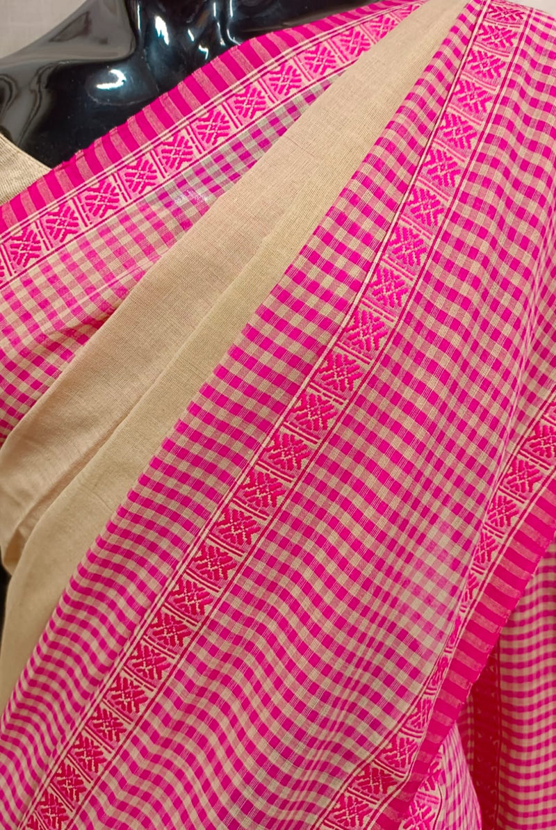 Beige & Pink Handloom Cotton Saree Balaram Saha