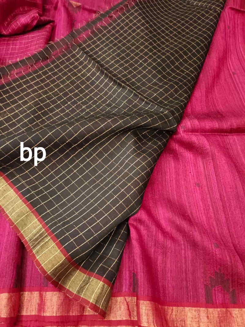 Magenta Matka Silk saree with zari border & small checks woven Balaram Saha