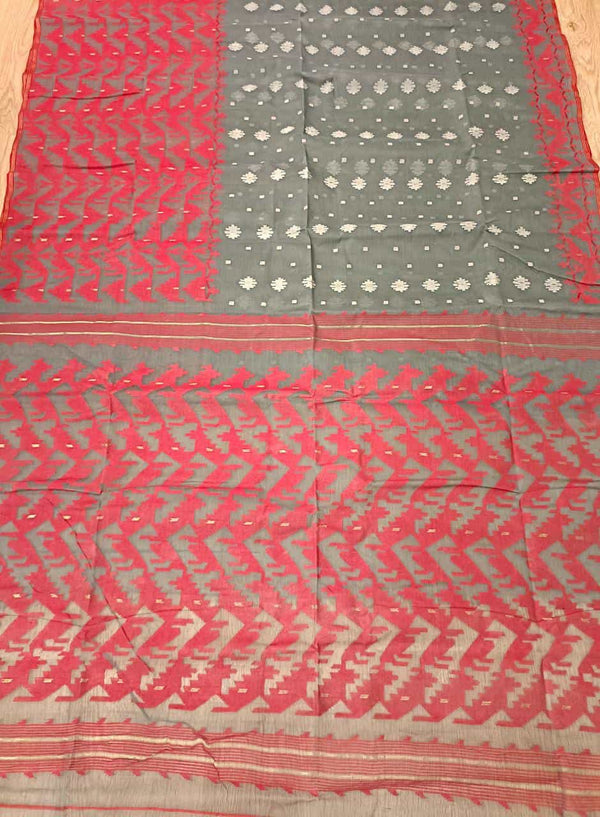 Grey & Red/White, Cotton handwoven Jamdani saree Balaram Saha