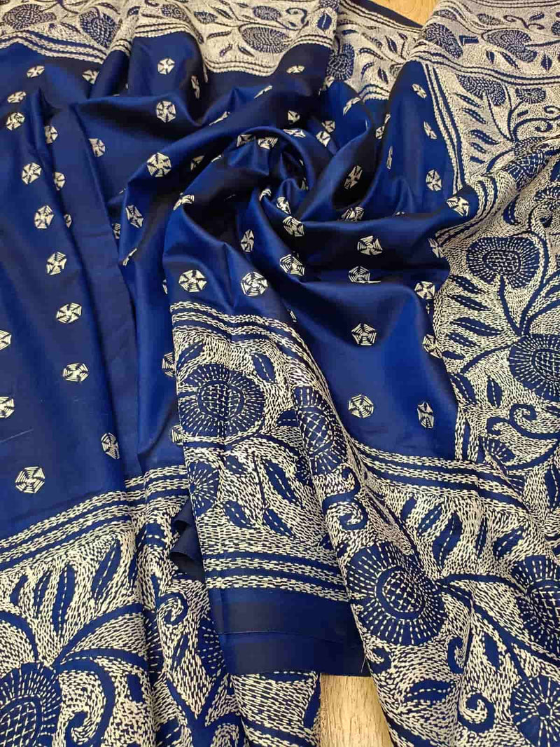 Royal Blue & White, pure silk kantha saree with floral design Balaram Saha
