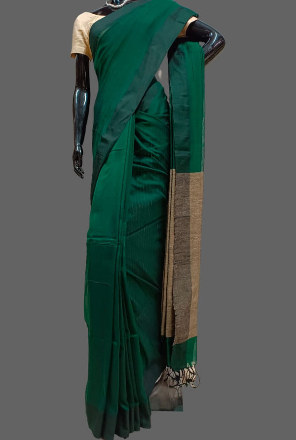 Bottle Green handloom cotton saree Balaram Saha