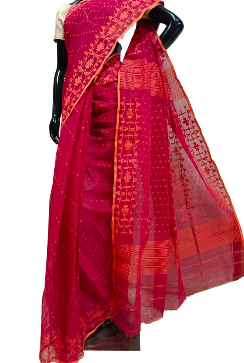 Maroon & Orange cotton handwoven Bangladeshi Jamdani saree Balaram Saha