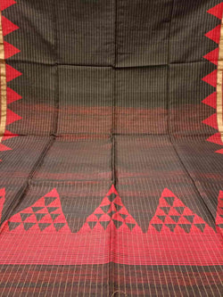 Black & Red Matka Silk saree with gold zari & red temple border Balaram Saha
