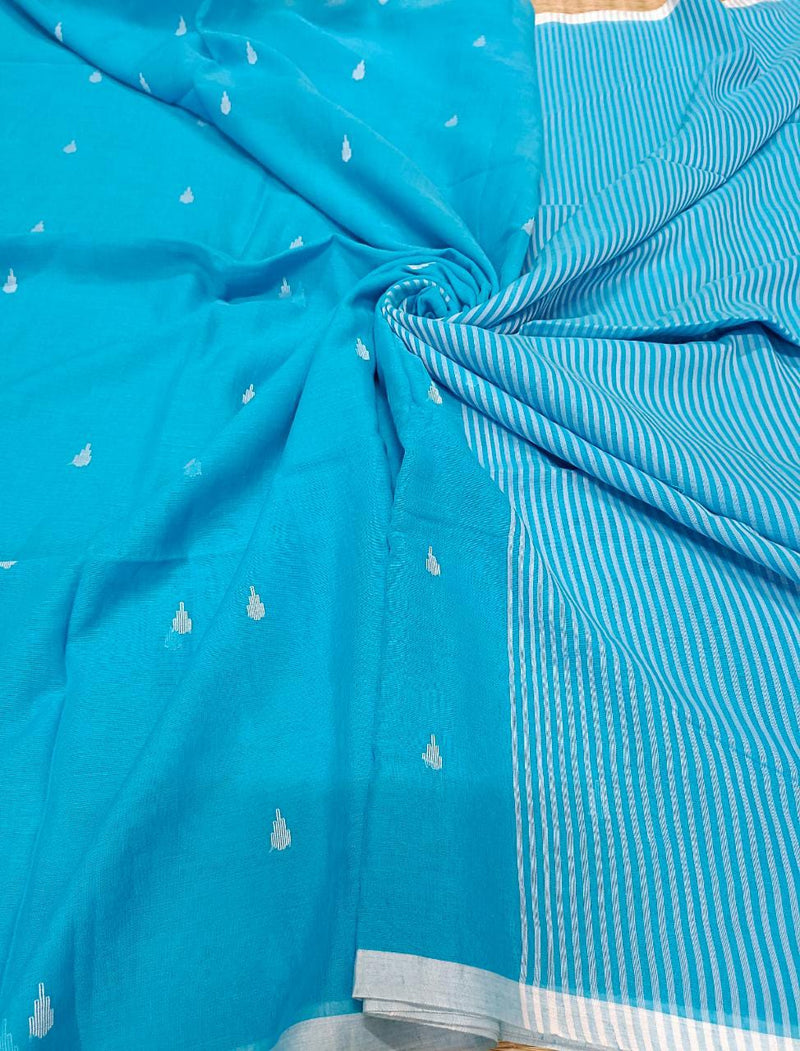 Sky Blue Handloom Super Soft Cotton Saree With White Border and  Dhakai Woven Bootis on Body and Stripes Aanchal, No Blouse.